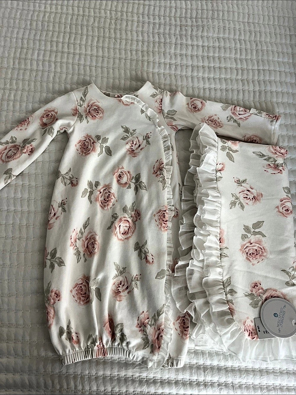Edgehill Collection Baby Girls Rose Floral Ruffle Chiffon Gown and Blanket 0-6m